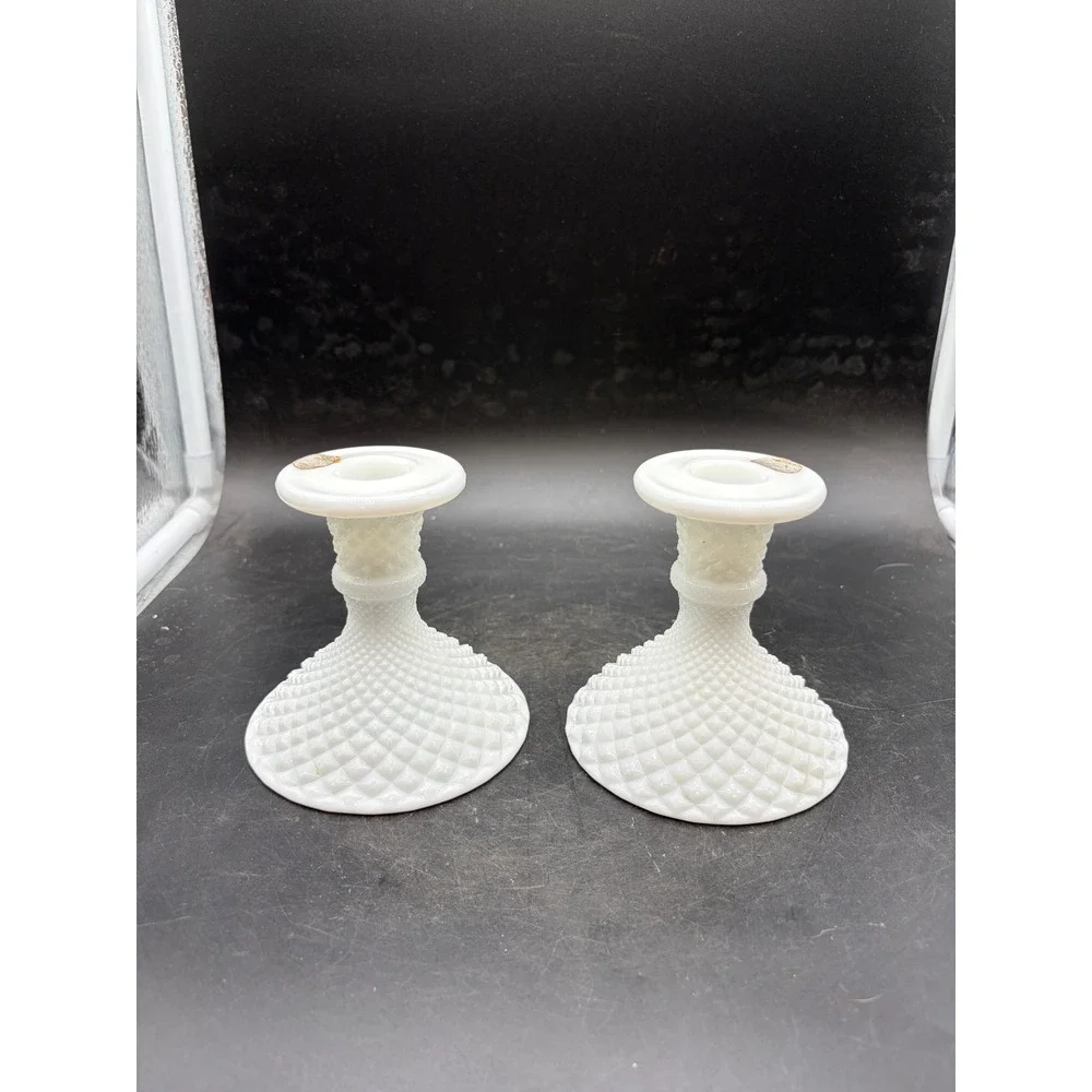 Westmoreland Milk Glass English Hobnail Candlestick Holders Set of 2 White Vntg